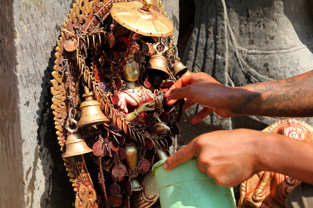 Balkumari Shrine being washed down before being digitally preserved