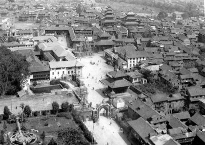 Aerial view of Bhaktapur Durbar square with the Nyatapol Temple and Hanumante river in Background ca-1973AD