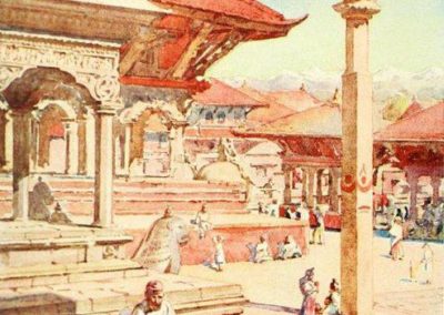 Artist's vision of Patan Durbar Square in around 1920ies Taken from the book 'Nepal' by Perveval Landon Published 1928AD