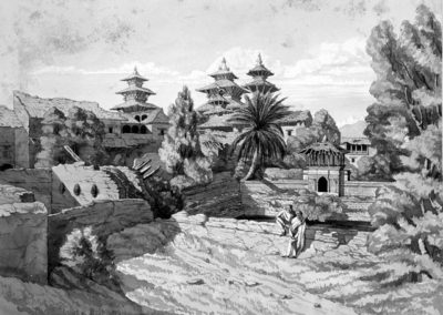 Drawing of the garden at the rear of the Patan Durbar Square painted by the artist Henry Ambrose Oldfield during 1853AD Inscribed by artist "Rajah Sidri Nur Singh's tank & Summer House, in the Garden at the rear of the Durbar, Patun - constructed AD 1647. March 1853"