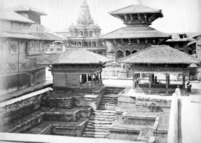Mani (or Manga) Hiti in 1863AD Build during the Lichhavi Period, the Manga Hiti is one of the earliest surviving structure in Patan Durbar Square. After many centuries, the hitis here still continue to work. This photo was taken by Captain Clarence Comyn Taylor in 1863AD