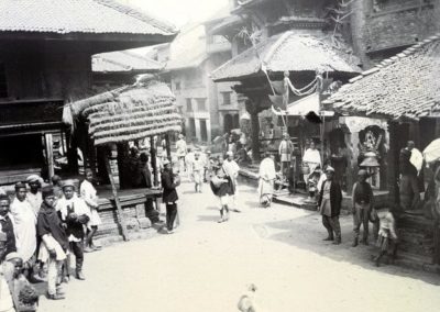 Maru Tole in Basantapur The small temple in the background is Maru Ganeshthan, a temple without pinnacle On the left is the part of Kastamandap Herzog and Higgins 1901AD