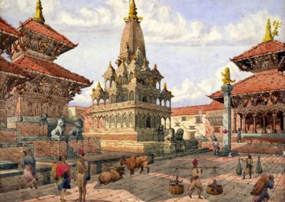 Patan Durbar Square from South-East Watercolor by Henry Ambrose Oldfield, ca. 1855AD