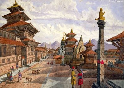 Patan Durbar Square from the North Patan Darbar Square is one of the most represented place in arts among the Palaces of Nepal Watercolor by Henry Ambrose Oldfield, ca. 1855AD