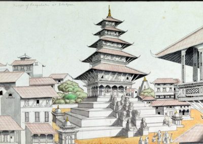 Pencil, wash and watercolour drawing of the five-tiered Nyatapola
temple at Bhaktapur, 
part of the Lawrence collection created by an anonymous artist, 
c