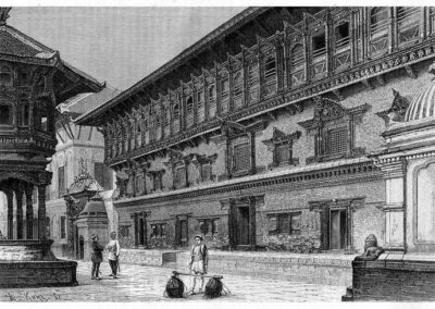 Sketch of 55 windowed palace in Bhaktapur Durbar Square by aus Gustav Le Bon: „Voyage au Népal“, in 1885AD