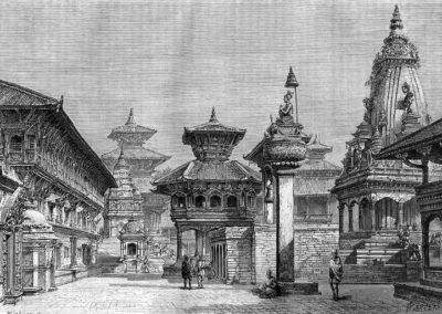 Sketch of Bhaktapur Durbar Square as it was in 1885AD by )aus Gustav Le Bon: from the book „Voyage au Népal“,