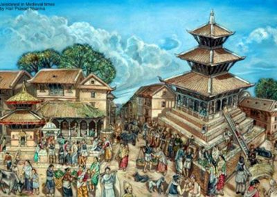 The painting details out the daily chores of people during morning time around the Jaishidewal (जैसीदेवल) temple located located towards south of the Kathmandu Durbar Square, Rest-houses, pavilions and cross-roads which were the part of the lifestyle are depicted in the painting. Painted by: Artist Hari Prasad Sharma Source: The Mallas (Nepal) More paintings by the artist at http://www.facebook.com/The.Mallas