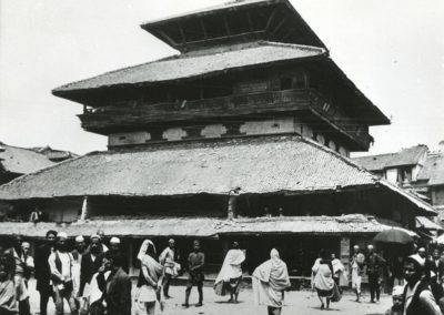 The three storeyed Kastamandap Sattal believed to be built from wood of a single tree . It houses an image of Gorakhnath at the center of the ground floor. Photo by: Johannes Bornmann taken in 1952AD