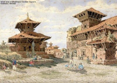 W. end of the Bhaktapur Durbar Complex painted in 1853AD After the valley was taken by Shah Kings and trade with Tibet was stopped due to dispute Bhaktapur went into decline until the 'Bhaktapur development Project' revived the town Oldfield, Henry Ambrose 1853AD