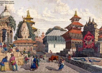 Water color of Basantapur Durbar Square showing the image of Kaal Bhairab with Taleju and Hanuman Dhoka Durbar in Background This picture was painted in 1858AD by Henry Ambrose Oldfield. His pictures are regarded as accurate reflection of the past. Two interesting things to note in this pictures are Peacocks and the temple on the background behind Taleju which no longer exists