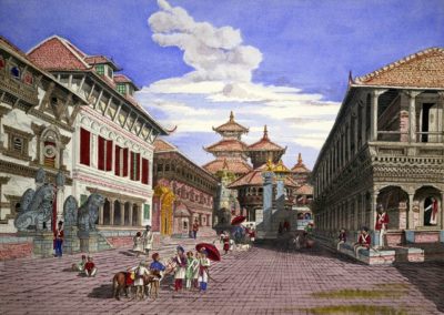 Watercolour of Bhaktapur Durbar Square from west after restoration Oldfield, Henry Ambrose 1858AD