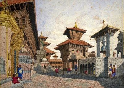 Watercolour of Bhaktapur Durbar Square from west Oldfield, Henry Ambrose 1854AD