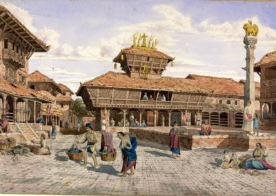 Watercolour of Bhimsen Temple around Dattatraya Square in Bhaktapur Oldfield, Henry Ambrose 1853