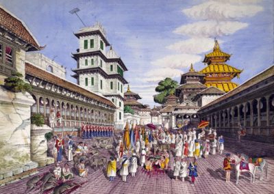 Watercolour of Kot (the military council-chamber) in the Durbar Square during Dashain showing the killing of buffalows Oldfield, Henry Ambrose 1856