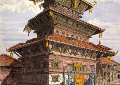 Watercolour of the Aksash Bhairab temple on the Tamaudi square Oldfield, Henry Ambrose 1852