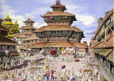 Watercolour of the Basantapur showing Kavindrasattal As described by the artist "The Dhunsar in the city of Kathmandoo". Oldfield, Henry Ambrose 1857AD